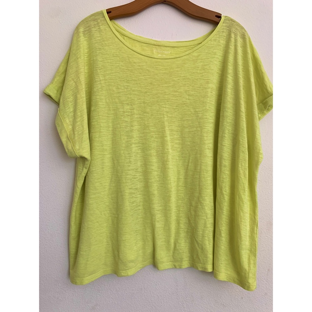 Eileen Fisher Neon Yellow Short Sleeve Top Shirt Hemp Blend Size XL
